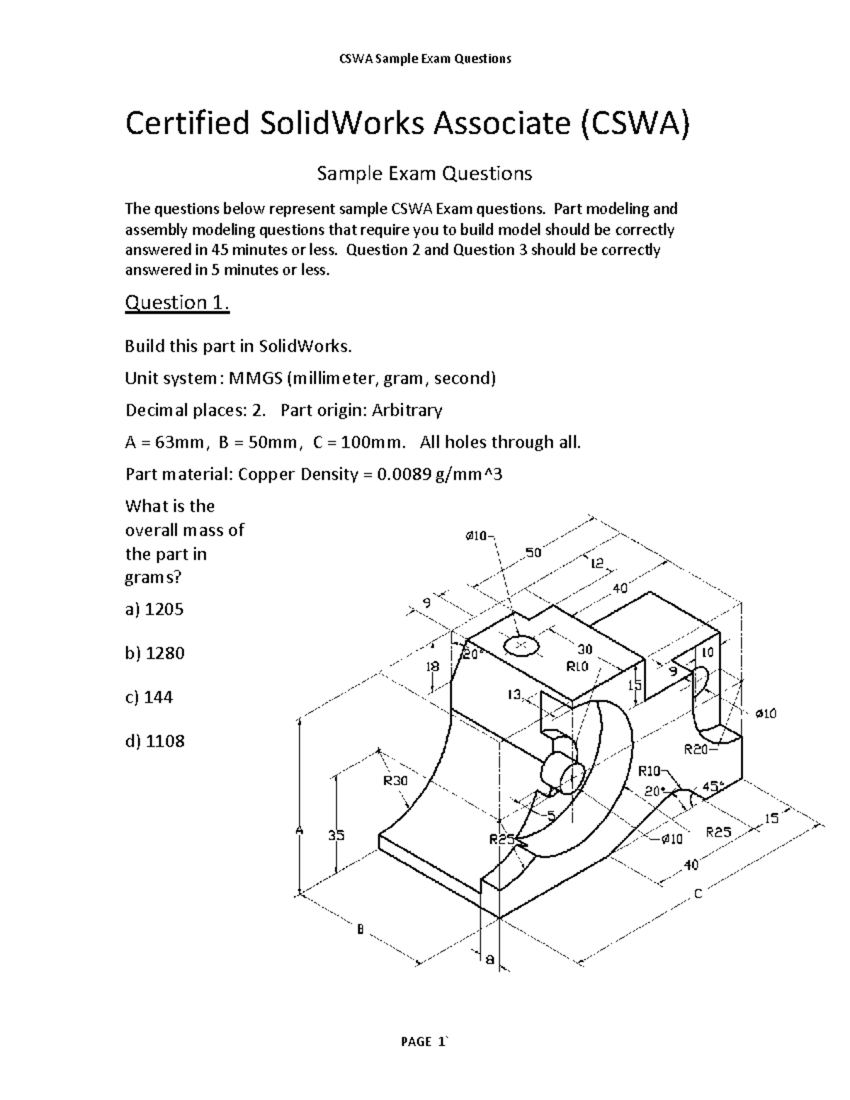 Test 2018, Questions - CSWA Sample Exam Questions Certified SolidWorks ...