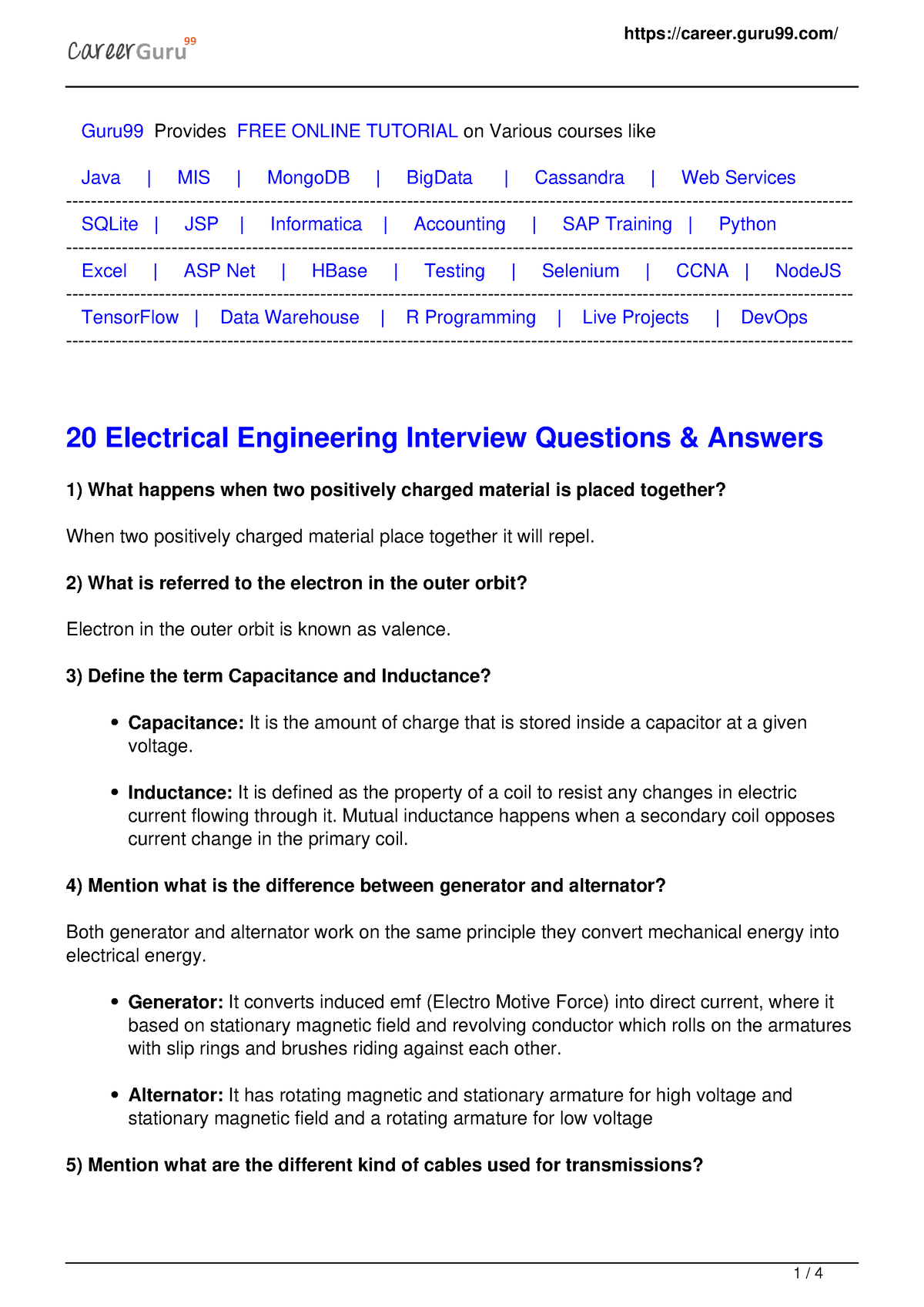 Top 20 Electrical Interview Questions 1 - Guru99 Provides FREE ONLINE ...