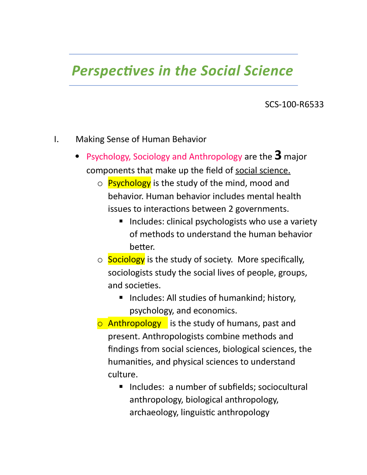 Scs 100 Module 1 Notes Perspectives In The Social Science Scs 100 R I Making Sense Of Human 3450