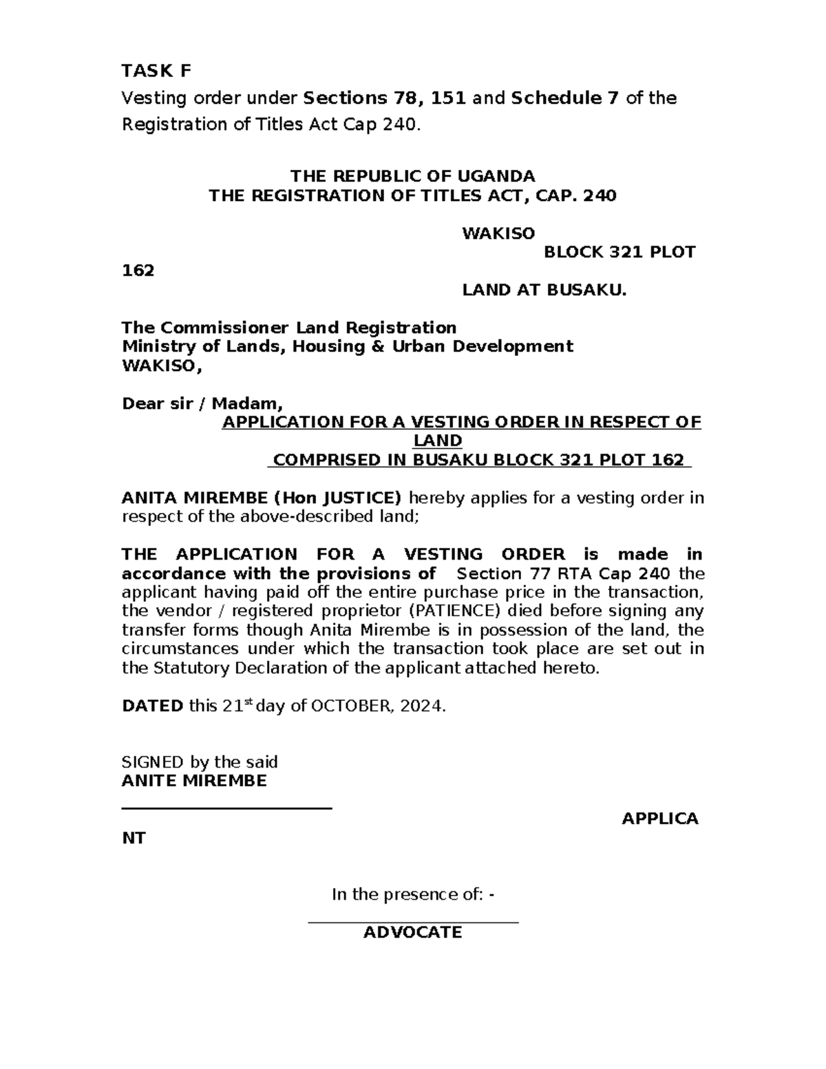 TASK F & G - Documents dealing with land - TASK F Vesting order under ...