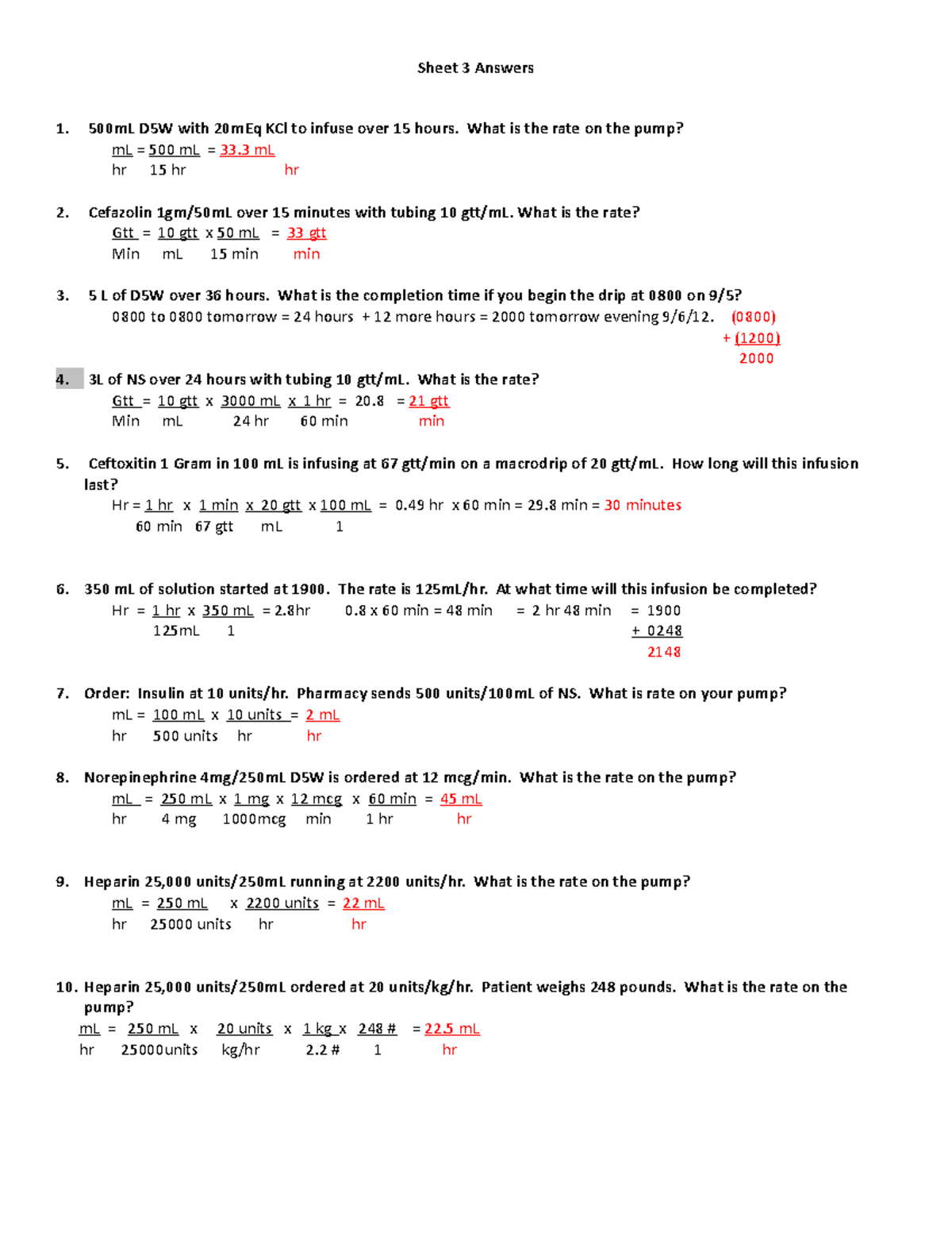 Sheet 3 Answers-1 - math practic - Sheet 3 Answers 500mL D5W with 20mEq ...