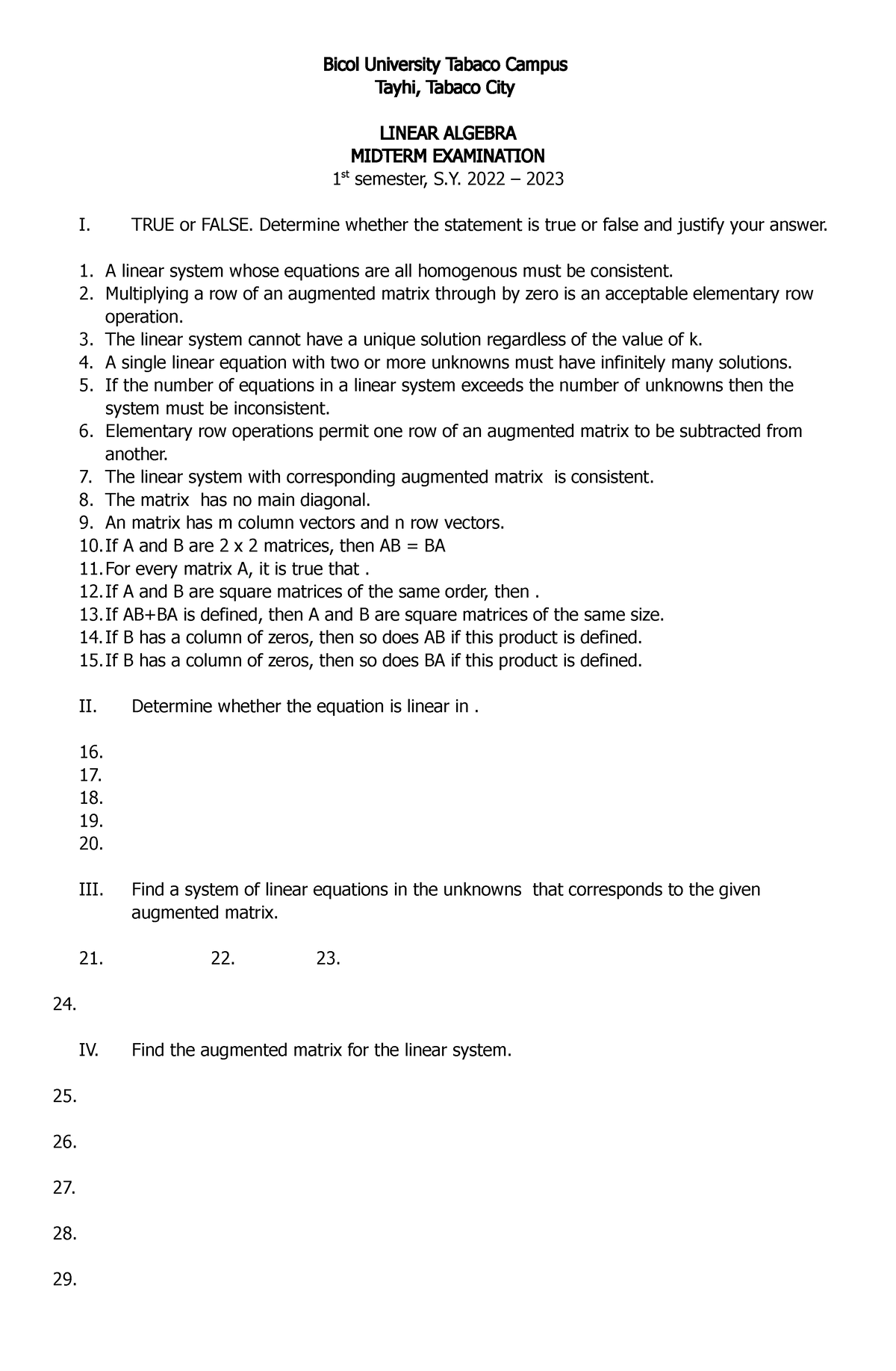 Midterm Examination Linear Algebra - Bicol University Tabaco Campus ...