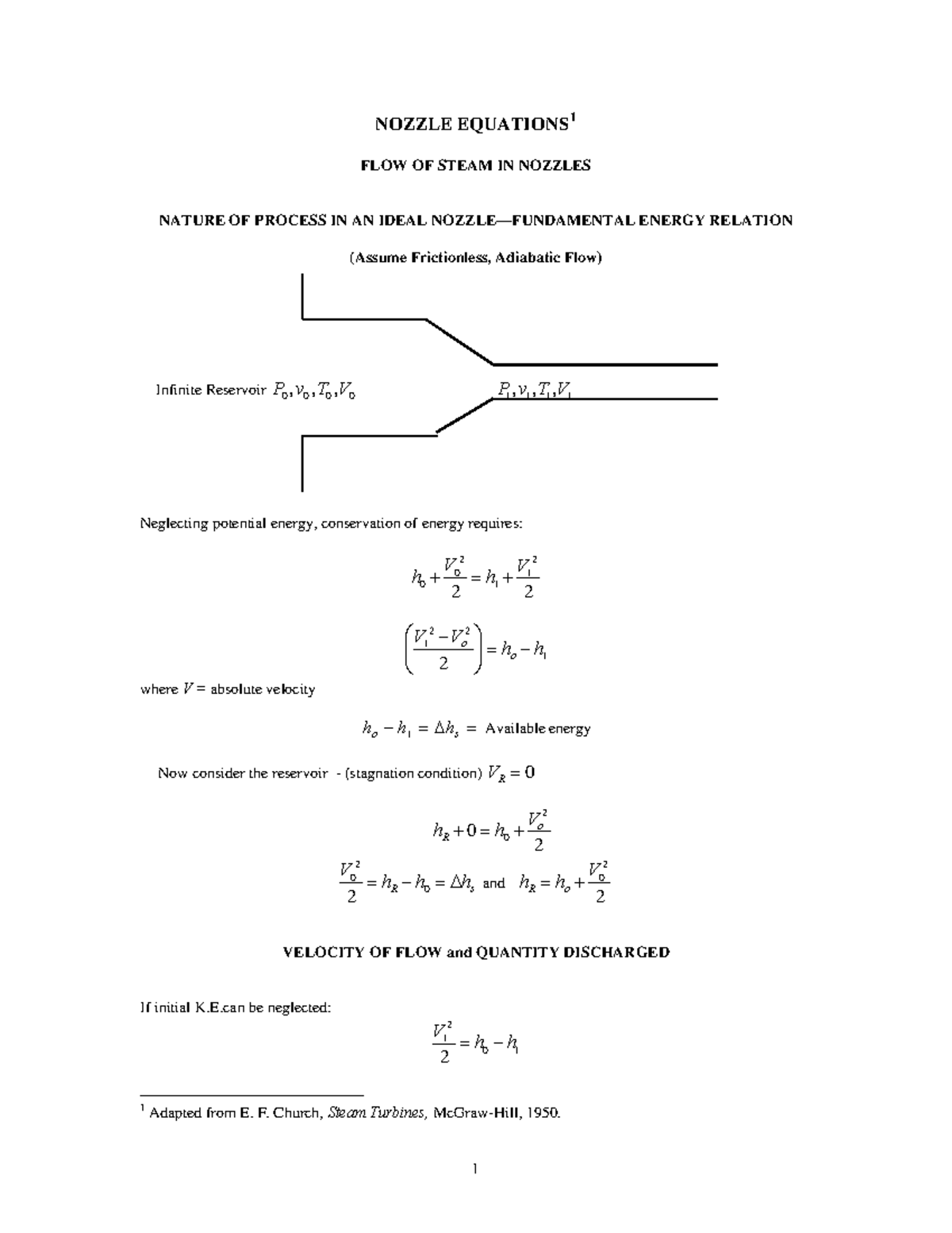 Nozzle Aerodynamics NOZZLE EQUATIONS 1 FLOW OF STEAM IN