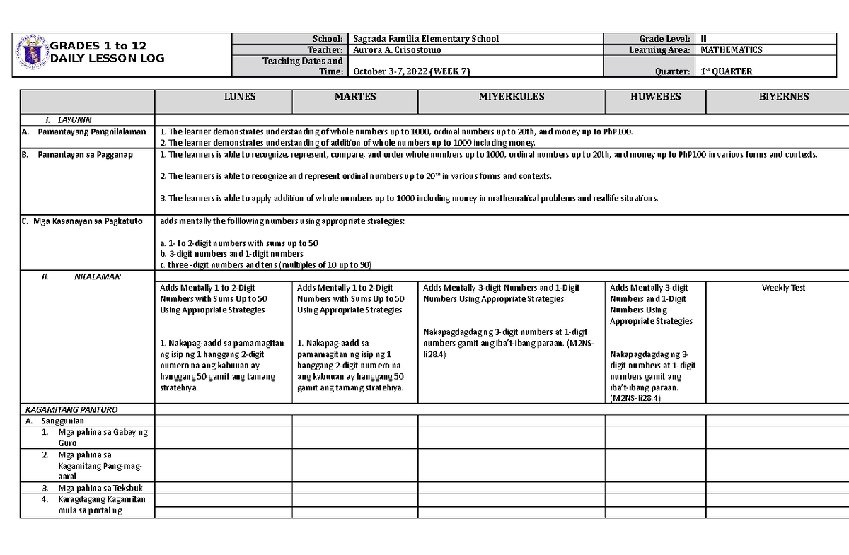 Mathematics-2 Q1 W7 - GRADES 1 to 12 DAILY LESSON LOG School: Sagrada ...