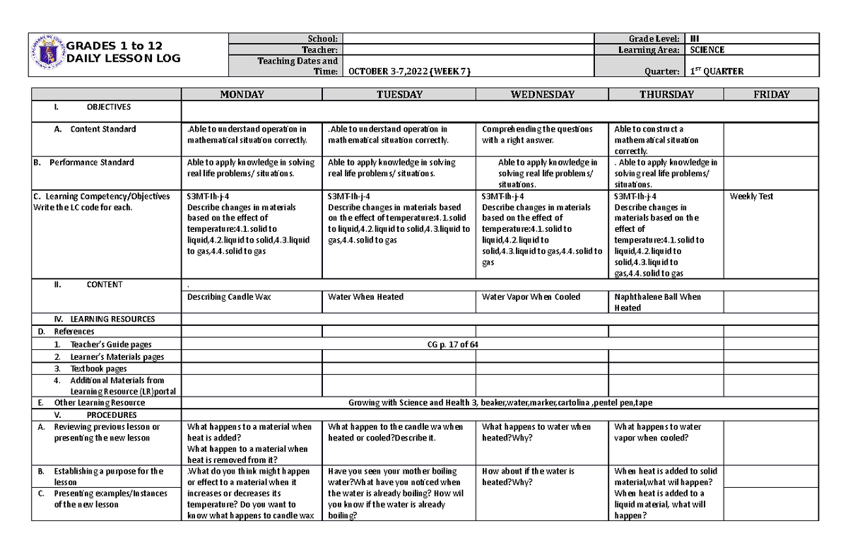 DLL Science-3 Q1 W7 - for information - GRADES 1 to 12 DAILY LESSON LOG ...