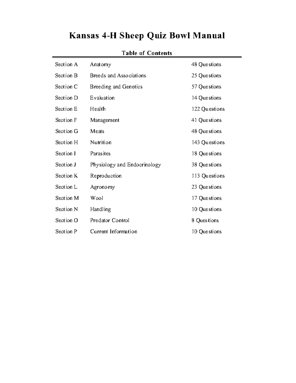 Sheepquizbowl PhD Kansas 4H Sheep Quiz Bowl Manual Table of Contents Section A Anatomy 48