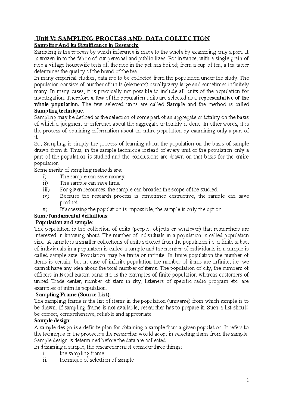 Unit III Sampling Process and Data Collection - Unit V: SAMPLING ...