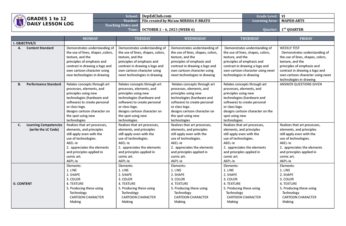 DLL Mapeh 6 Q1 W6 - Dll - GRADES 1 To 12 DAILY LESSON LOG School ...