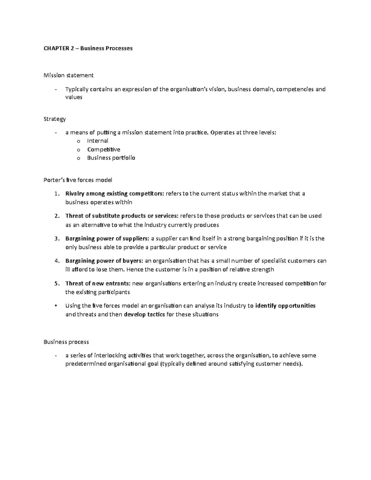 Chapter 2 - Lecture notes - CHAPTER 2 – Business Processes Mission ...