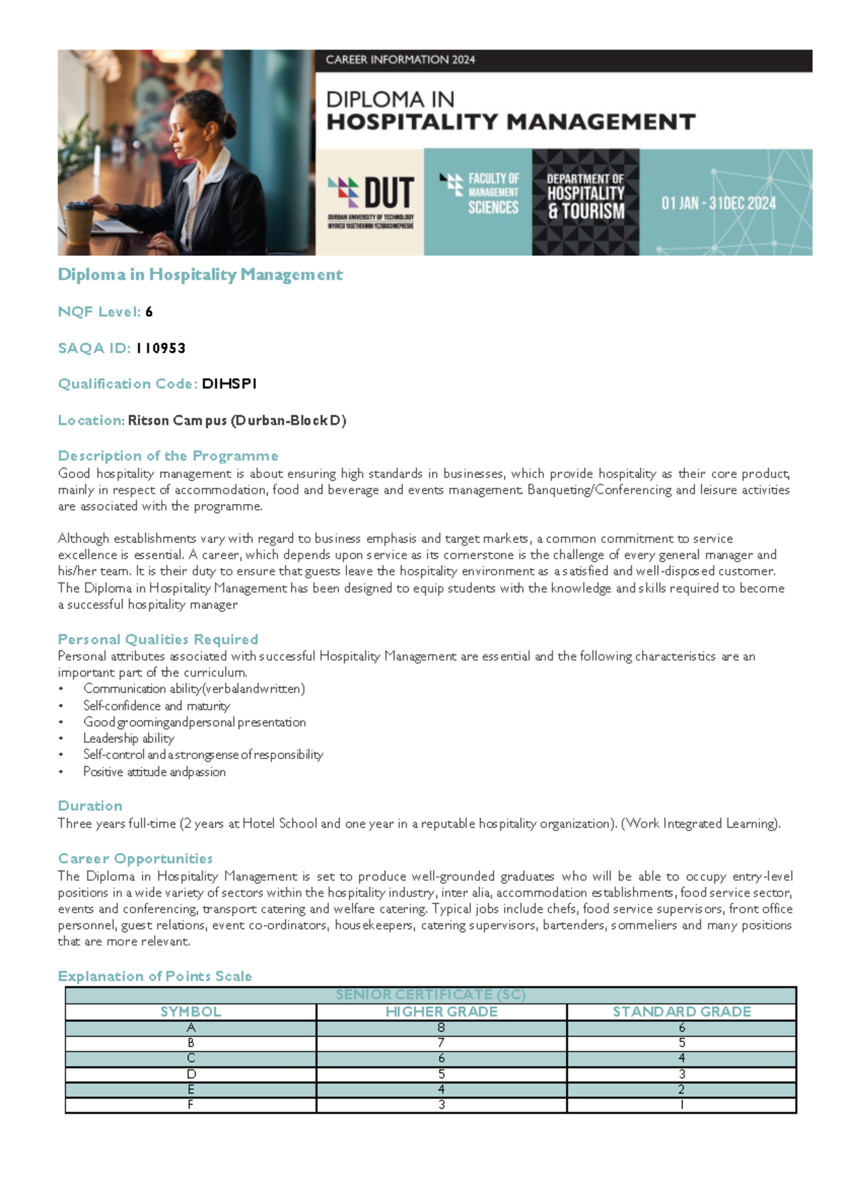 MSc Diploma in Hospitality - Diploma in Hospitality Management NQF ...