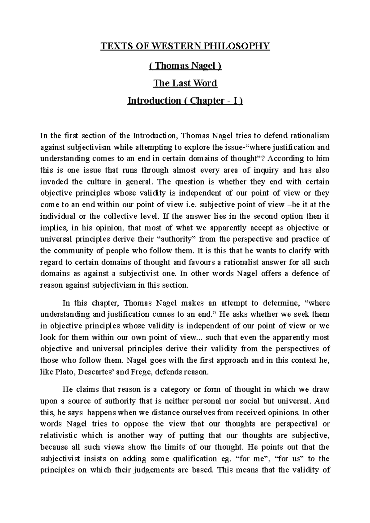 Nagel notes 18 sem 4 TEXTS OF WESTERN PHILOSOPHY ( Thomas Nagel