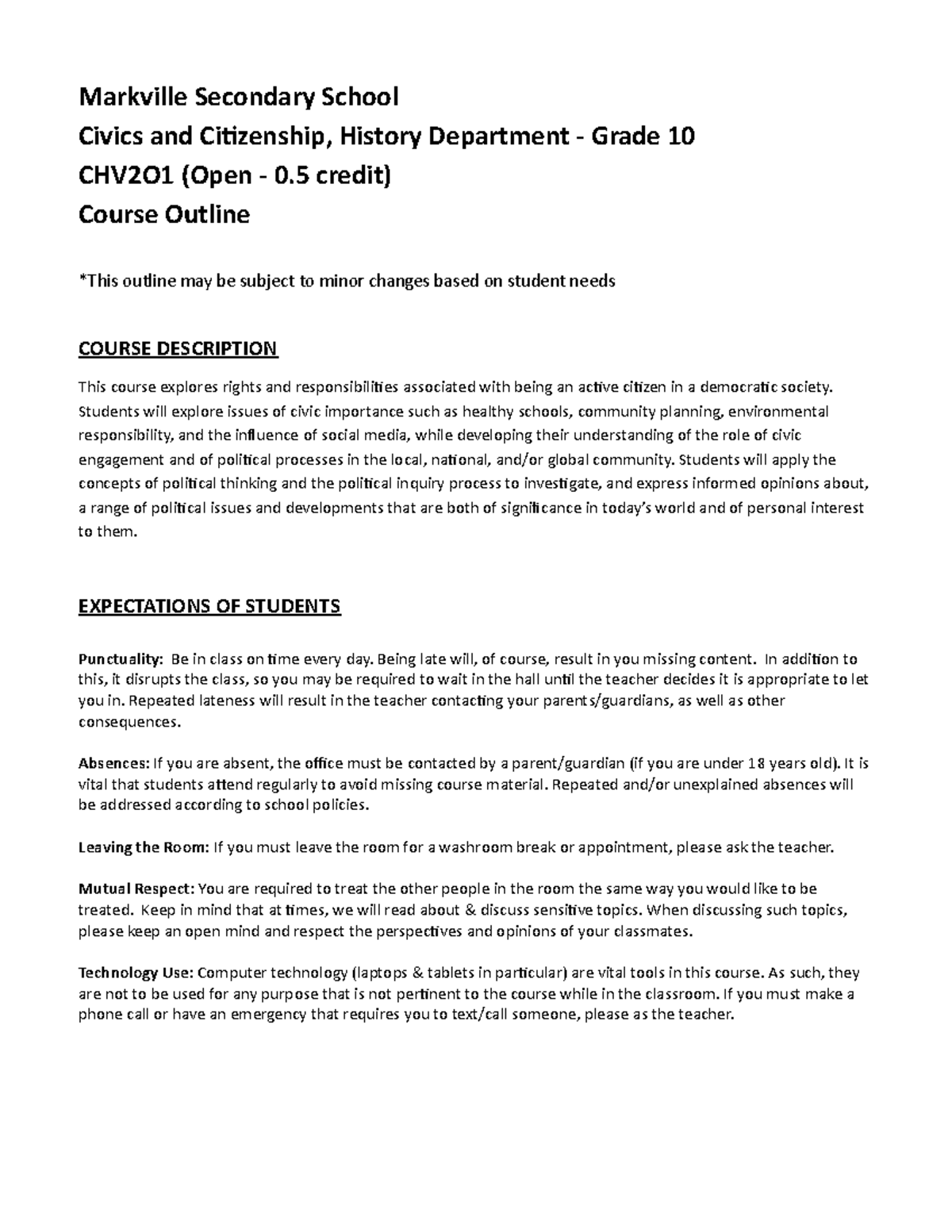 Course Outline CHV2O1 - Test - Markville Secondary School Civics And ...