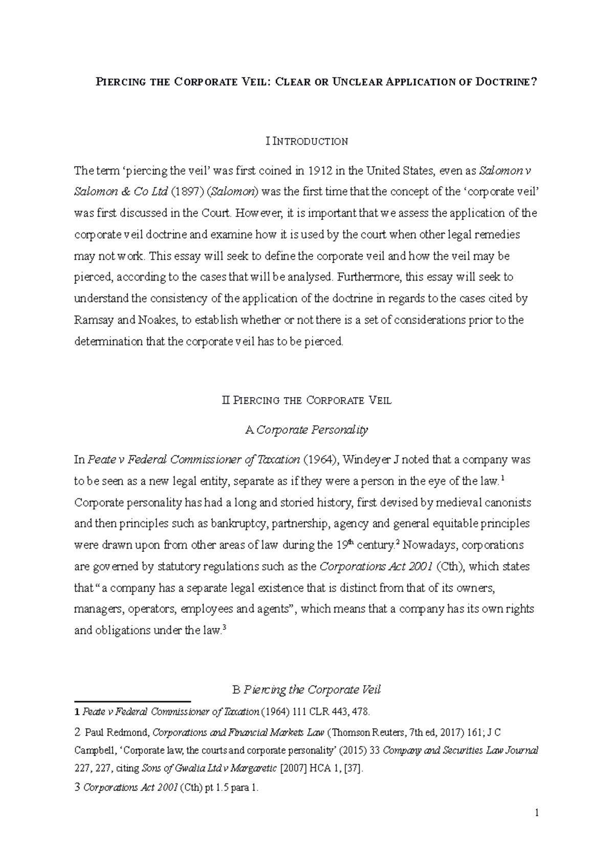LLB452 Essay Final PIERCING THE CORPORATE VEIL CLEAR OR UNCLEAR