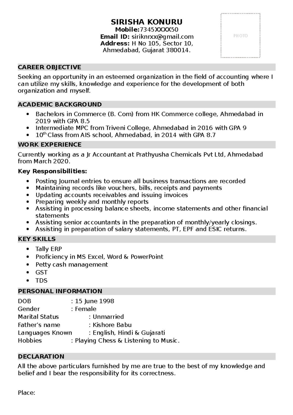 Jr accounts executive resume 1 - SIRISHA KONURU Mobile:7345XXXX Email ...