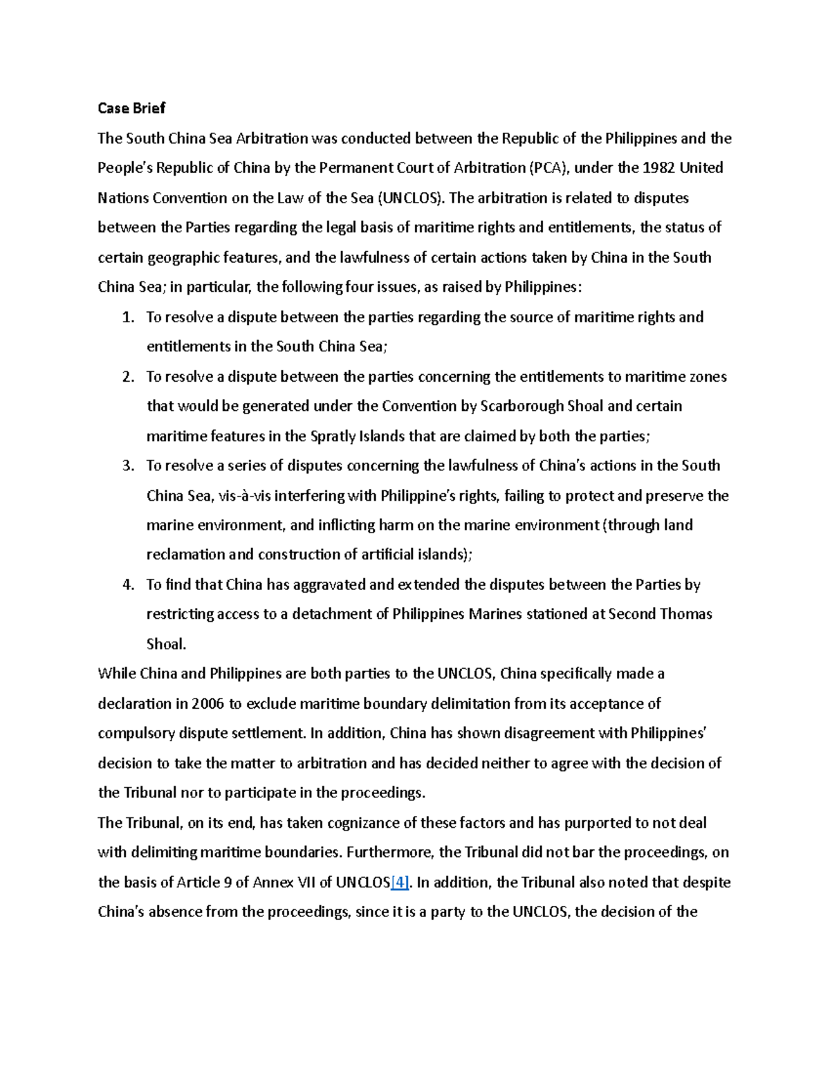 South China sea Brief - Case Brief The South China Sea Arbitration was ...