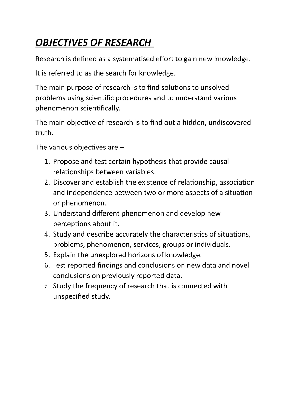 study research objectives essay sample