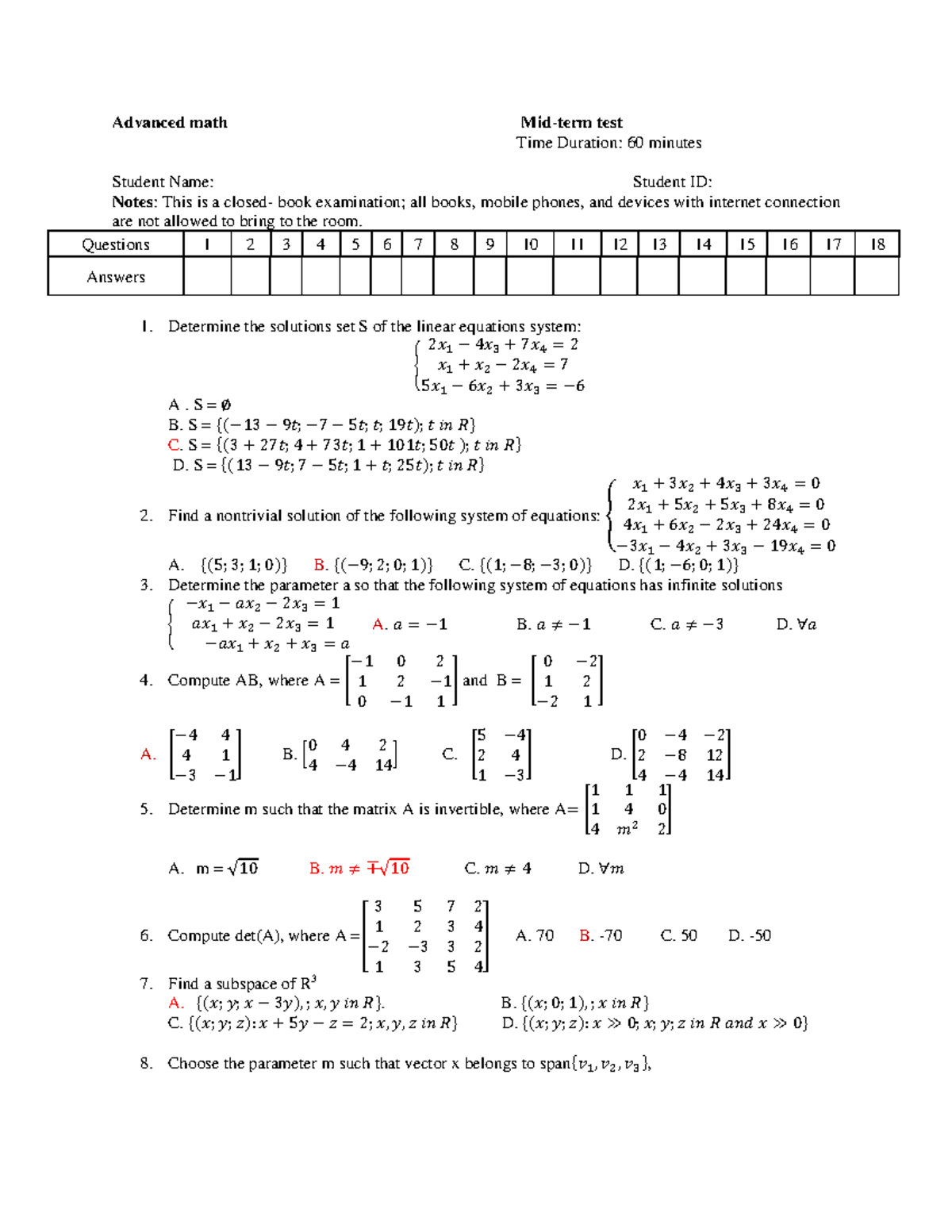 Matrix - midterm - Advanced math Mid-term test Time Duration: 60 ...
