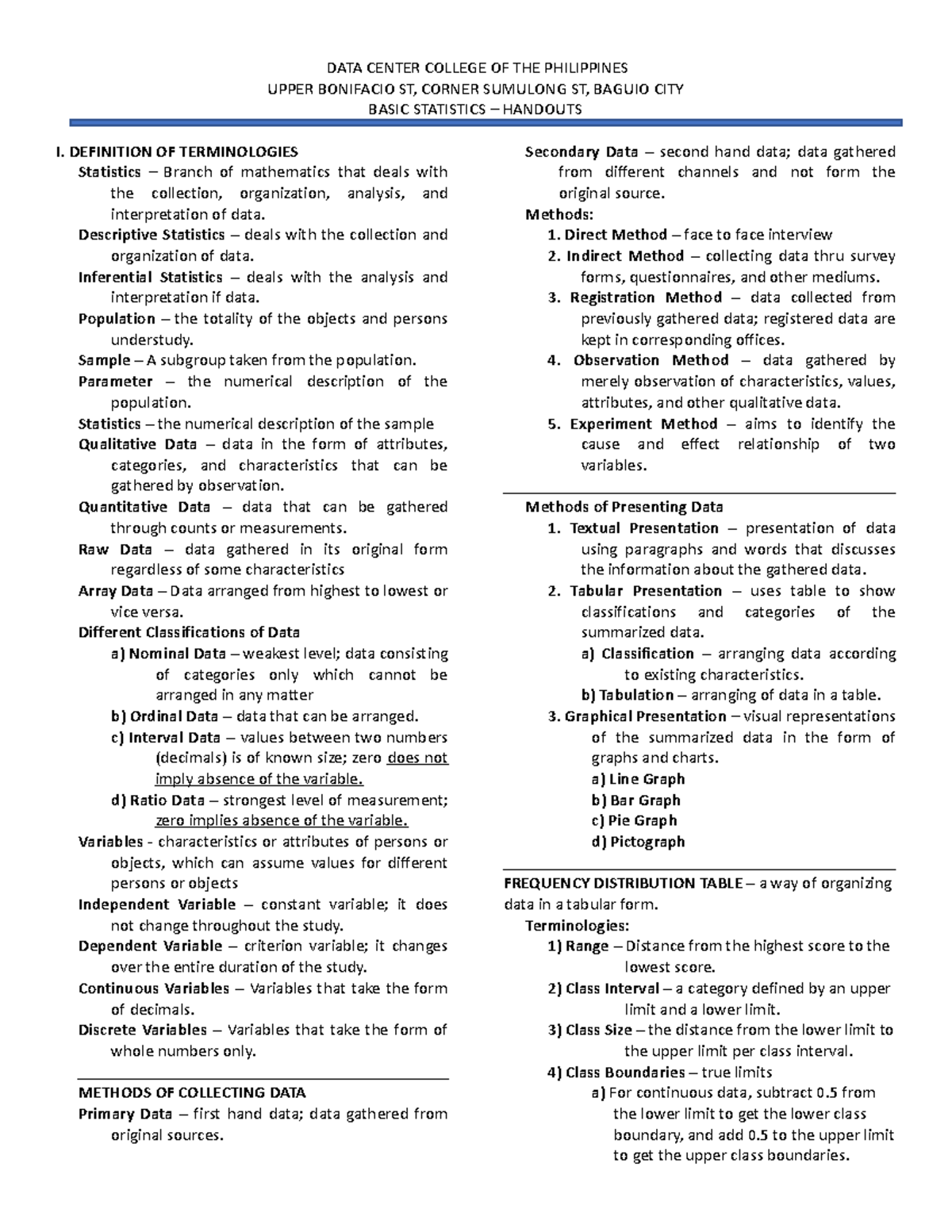 Basic Statistics HAND OUTS - DATA CENTER COLLEGE OF THE PHILIPPINES ...