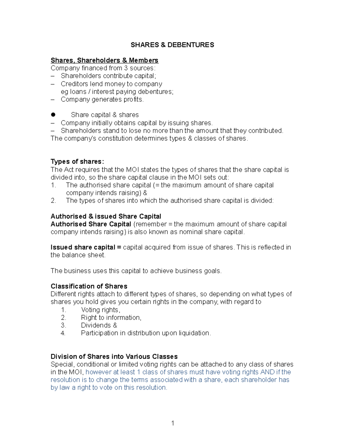 Week 7 shares - notes - SHARES & DEBENTURES Shares, Shareholders ...