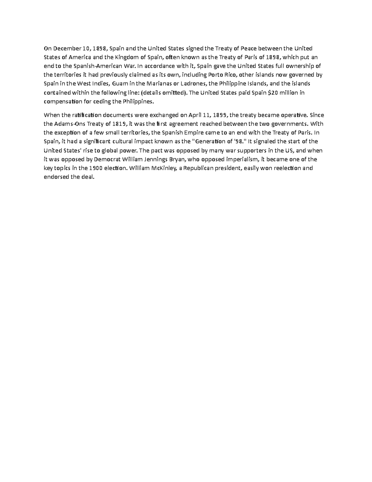 Treaty of paris short reflection On December 10, 1898, Spain and