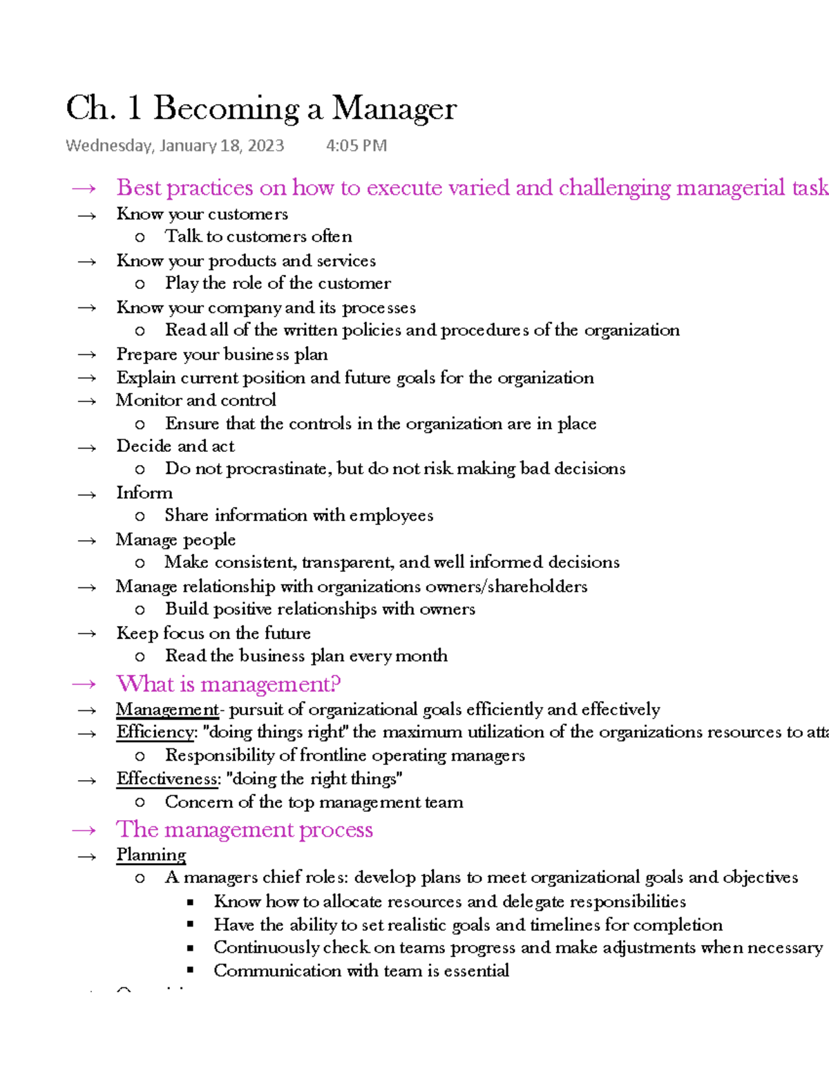 Ch. 1 Becoming a Manager - → Best practices on how to execute varied ...