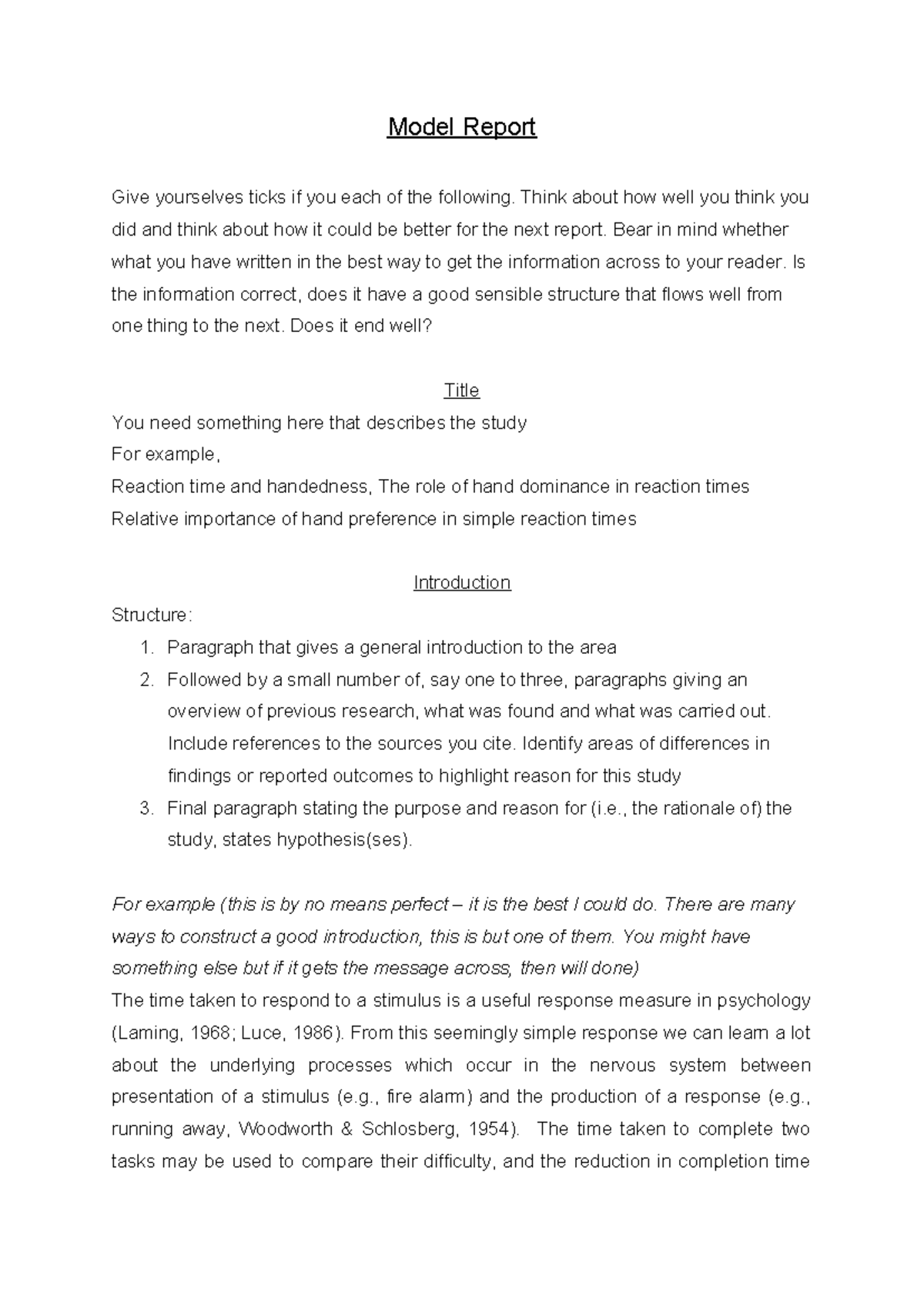 Lab 1 model answer - Model Report Give yourselves ticks if you each of ...