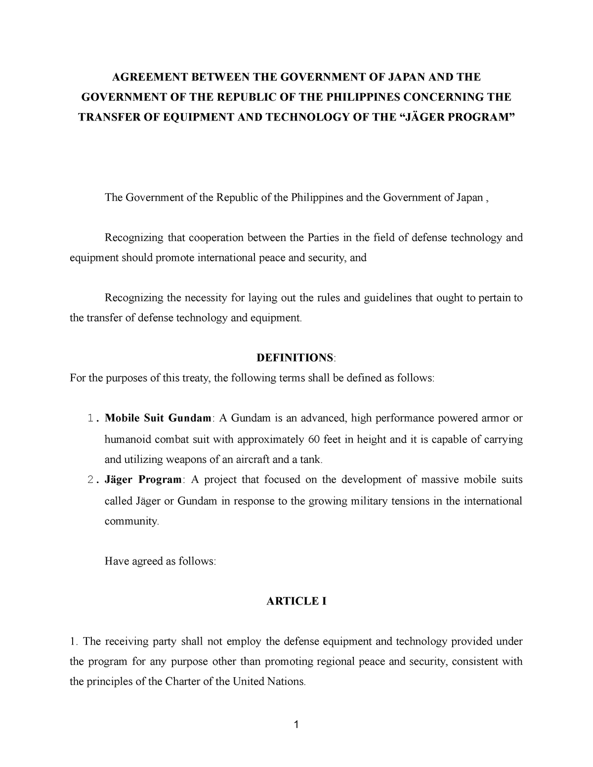 Example of a Treaty (Working Paper) - AGREEMENT BETWEEN THE GOVERNMENT ...