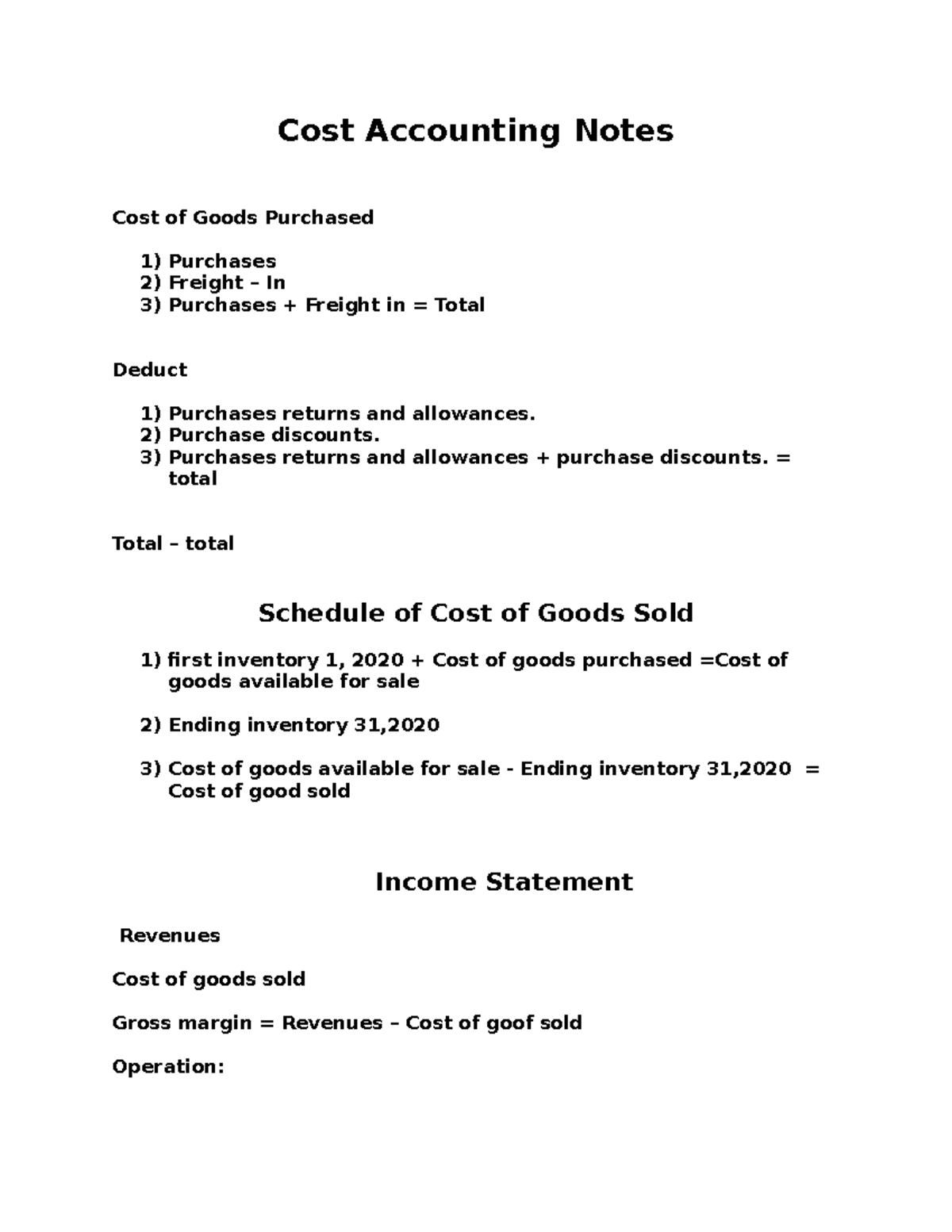 Cost Accounting Notes Examen Cost Accounting Notes Cost Of Goods Purchased Purchases