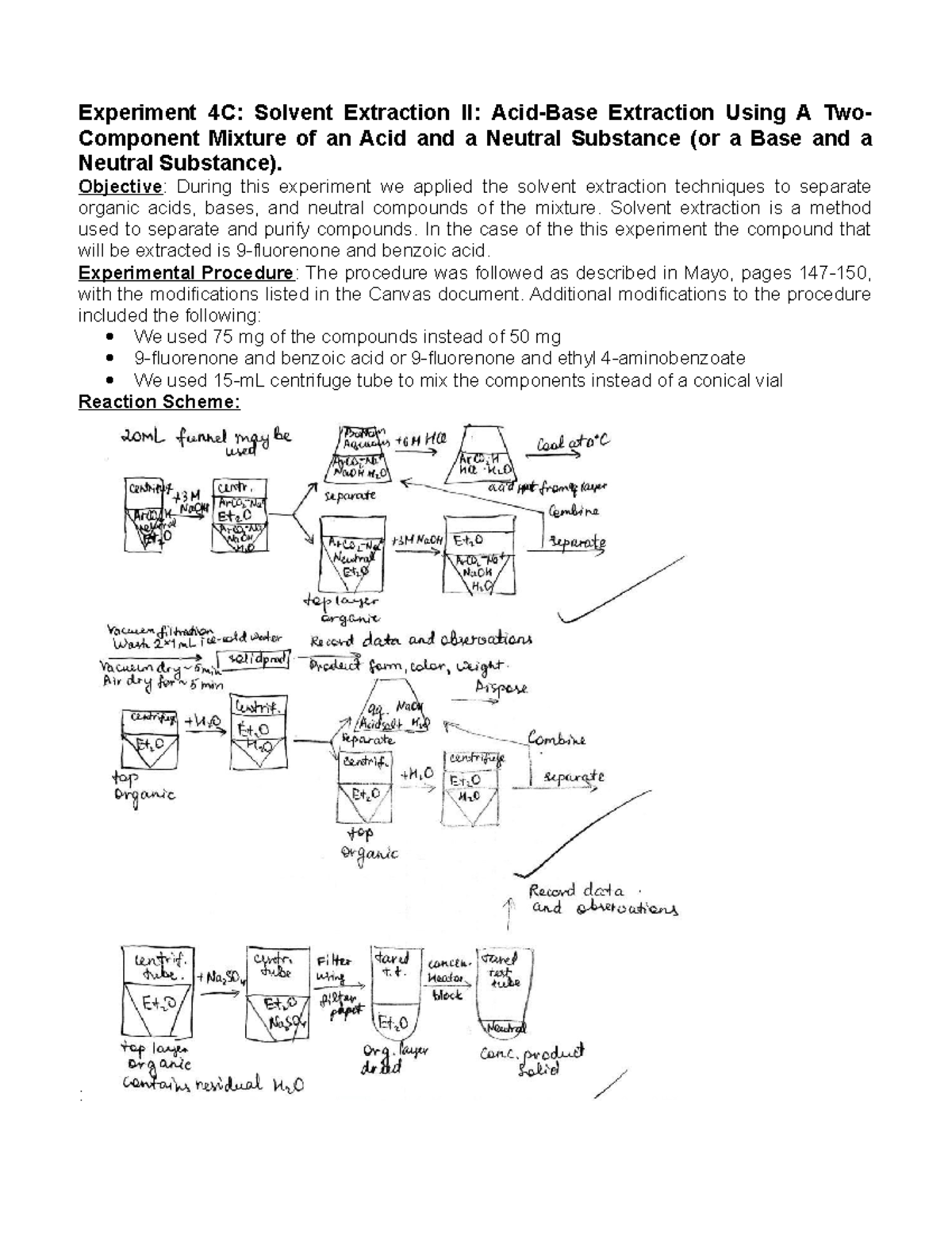 Extraction II Report - Experiment 4C: Solvent Extraction II: Acid-Base ...