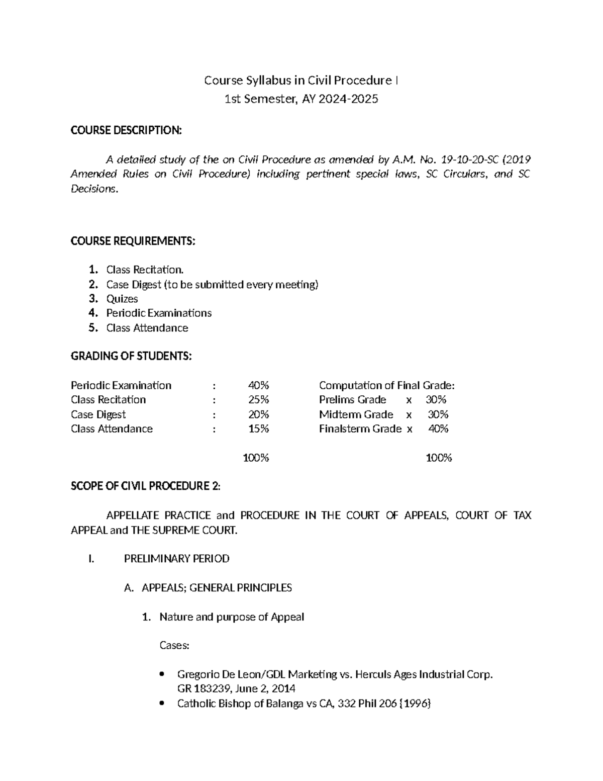 Sample Course Syllabus in Civil Proc 2 - Course Syllabus in Civil ...