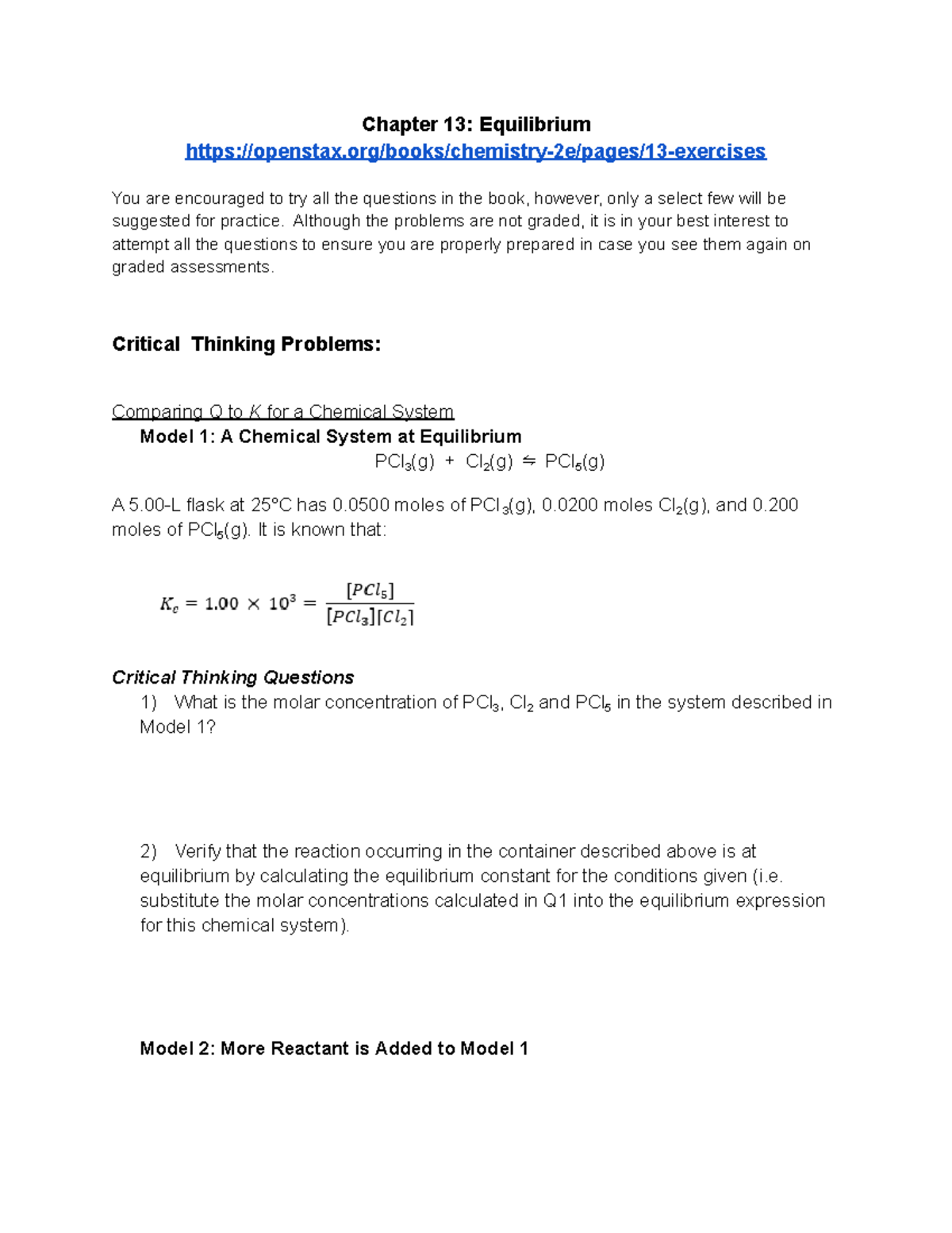 Chapter 13 Problems - Chapter 13: Equilibrium Openstax/books/chemistry ...