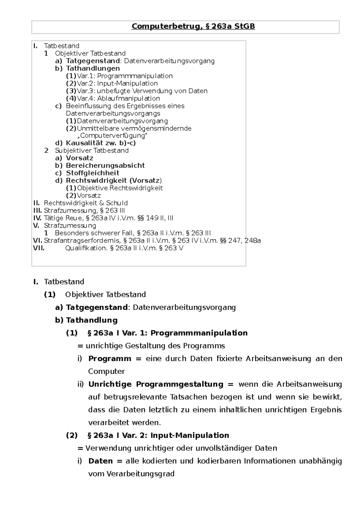 § 263a, Computerbetrug - Computerbetrug, § 263a StGB I. Tatbestand 1 ...