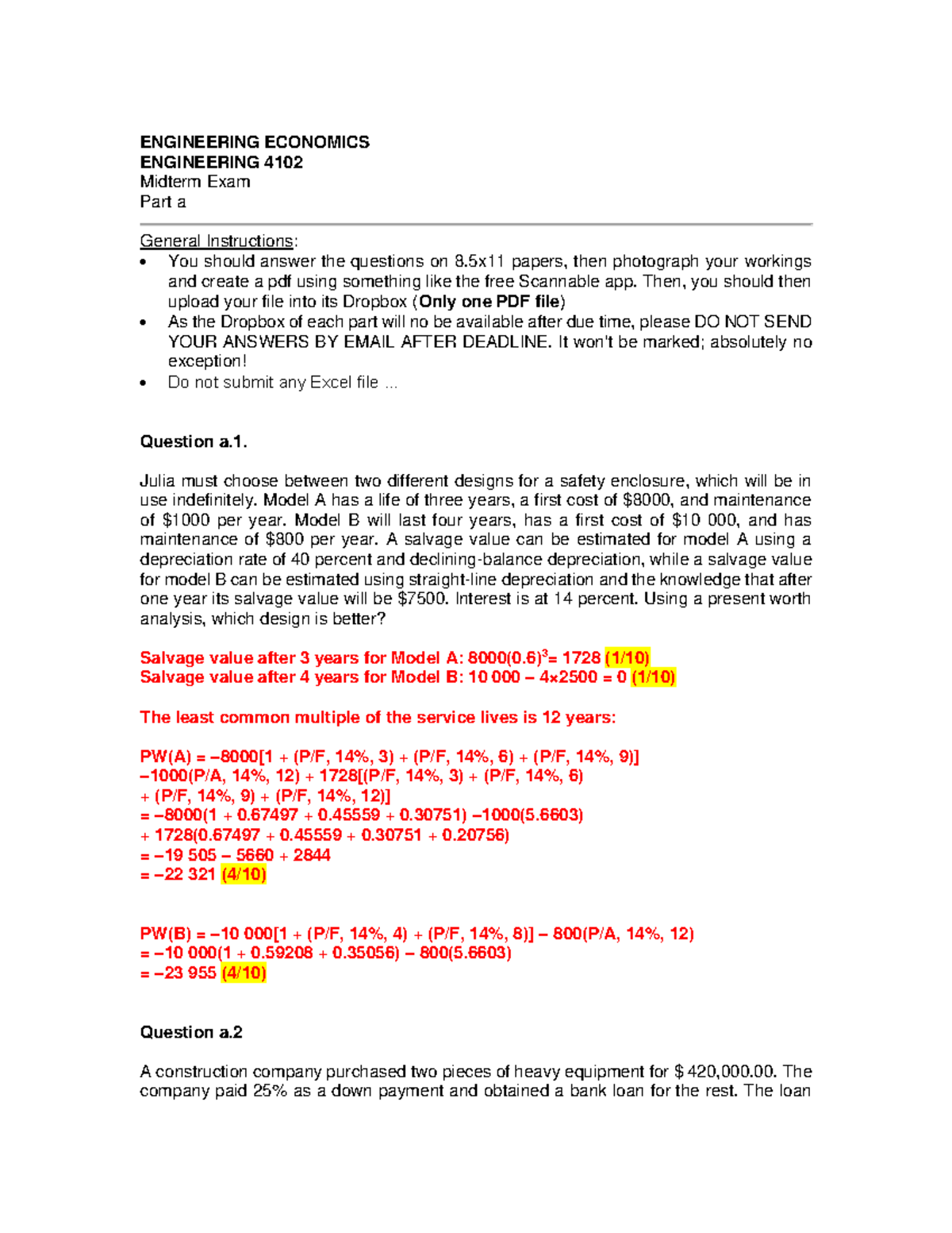 ENGI 4102 Midterm Exam Part A W23 Solution 1 - ENGINEERING ECONOMICS ...