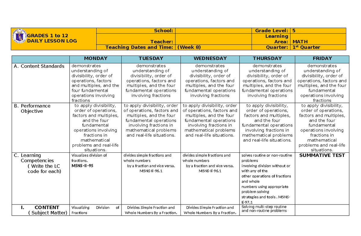 DLL WEEK 8 MATH - NEEDED FOR TEACHING - GRADES 1 to 12 DAILY LESSON LOG ...