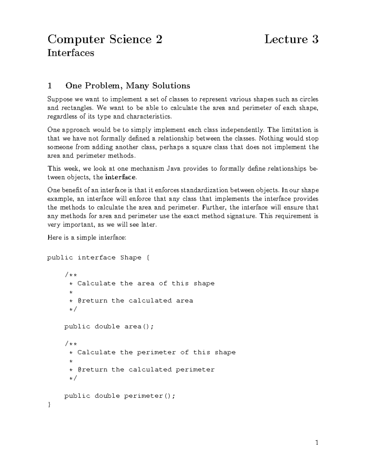 Interfaces Lecture 3 Notes Computer Science 2 Lecture 3 Interfaces