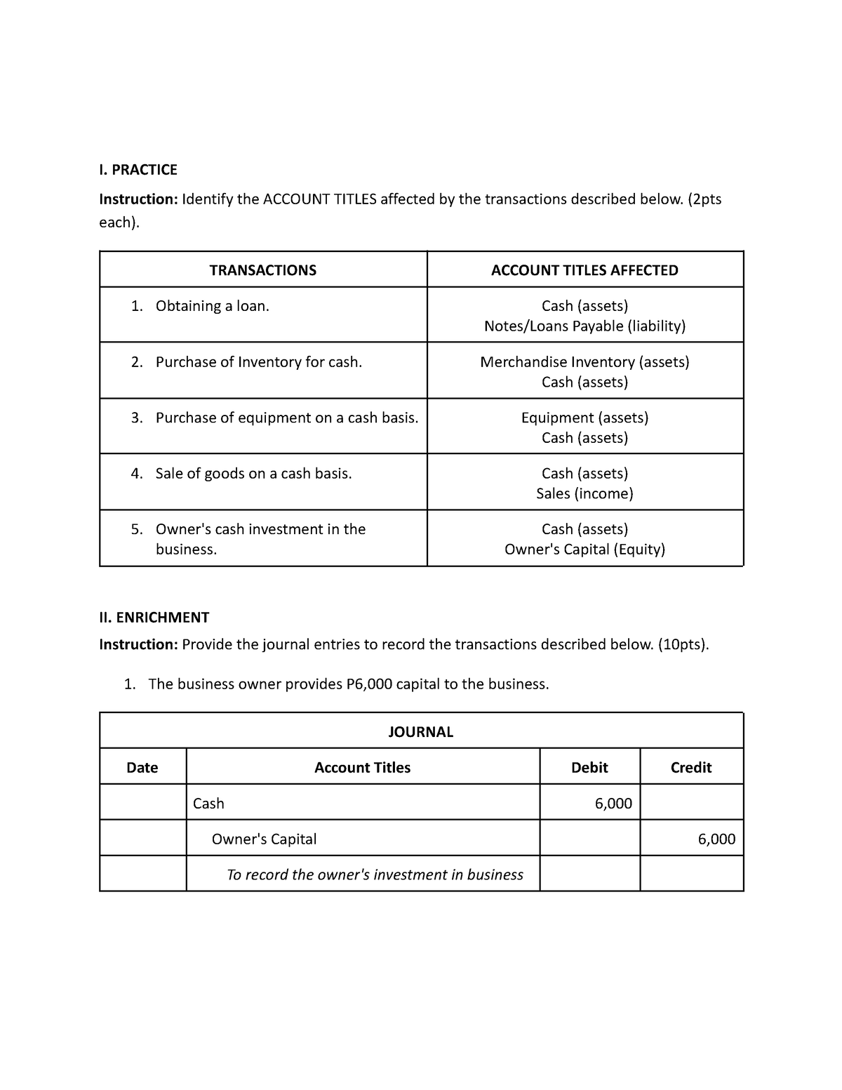 Activity - Prepare A Journal Entry - I. PRACTICE Instruction: Identify ...