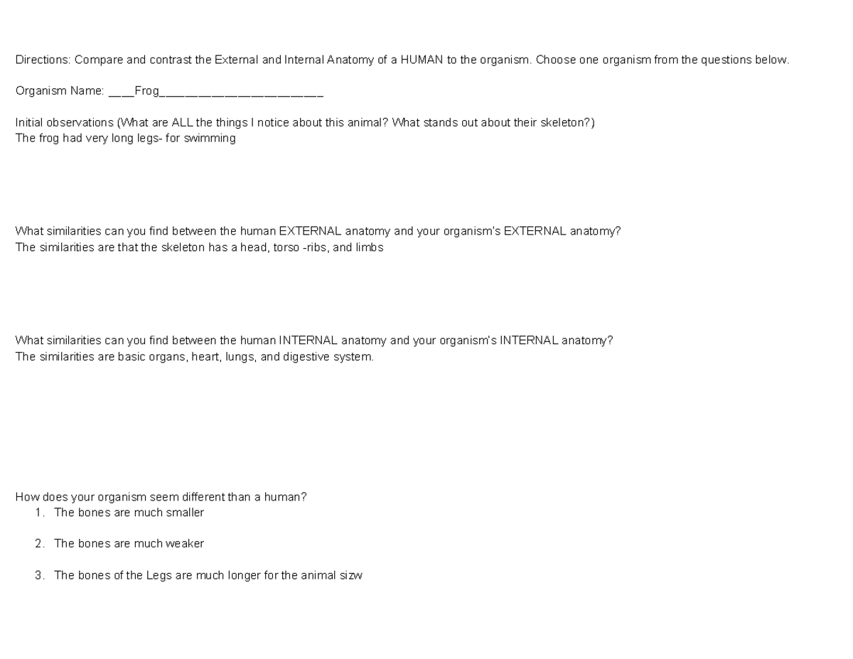 B IS3 L1 Compare Contrast Humans vs Other organisms - Directions ...