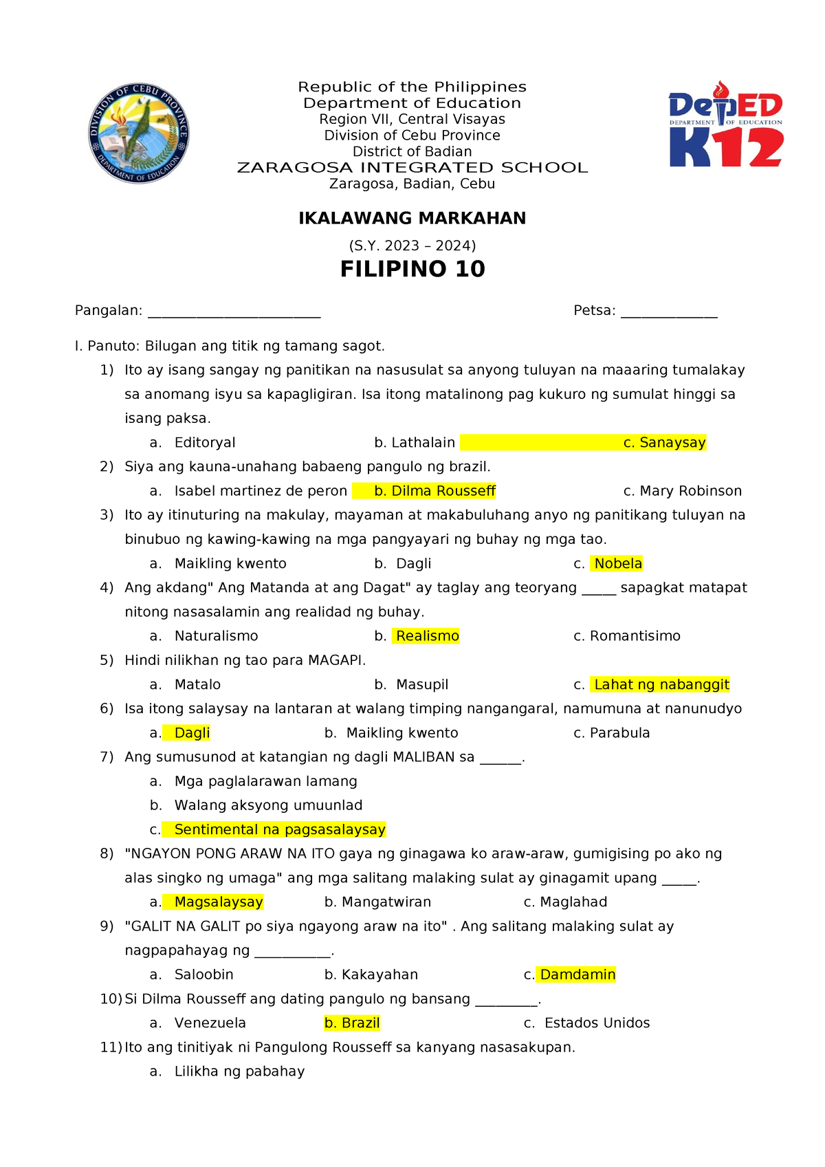 Fil10 Notes Republic Of The Philippines Department Of Education Region Vii Central Visayas