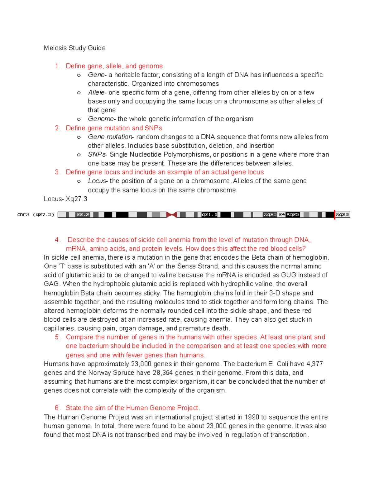 Biology Meiosis Study Guide - Meiosis Study Guide Define gene, allele ...