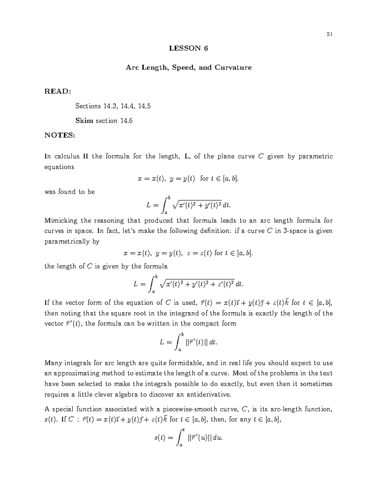 L6 Notes - Lecture 6 - LESSON 6 Arc Length, Speed, and Curvature READ ...