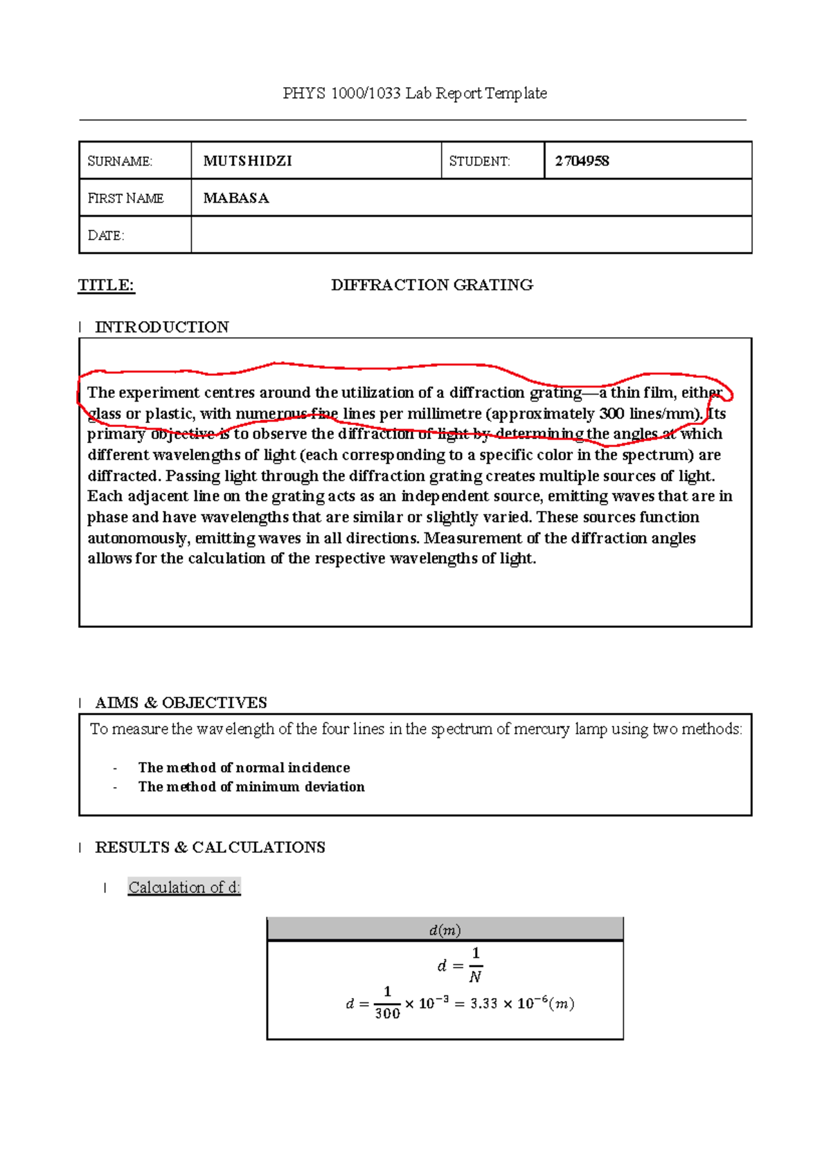 Annotated-#8 Exp08 - Diffraction Grating - PHYS 1000/1033 Lab Report ...