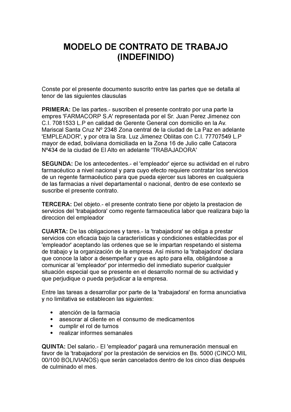 Contrato DE Trabajo - MODELO DE CONTRATO DE TRABAJO (INDEFINIDO) Conste por  el presente documento - Studocu