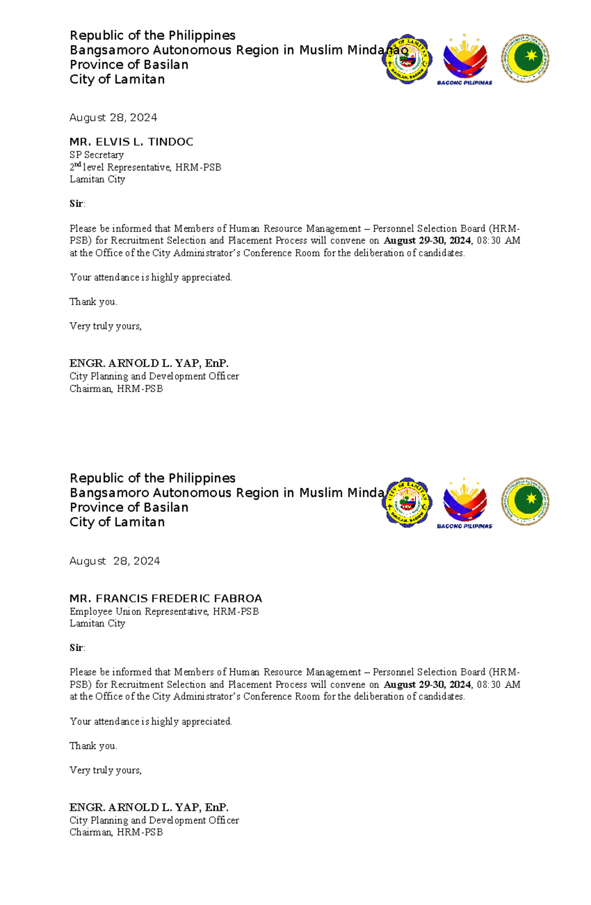 HRM invitation sample letter - Bangsamoro Autonomous Region in Muslim ...