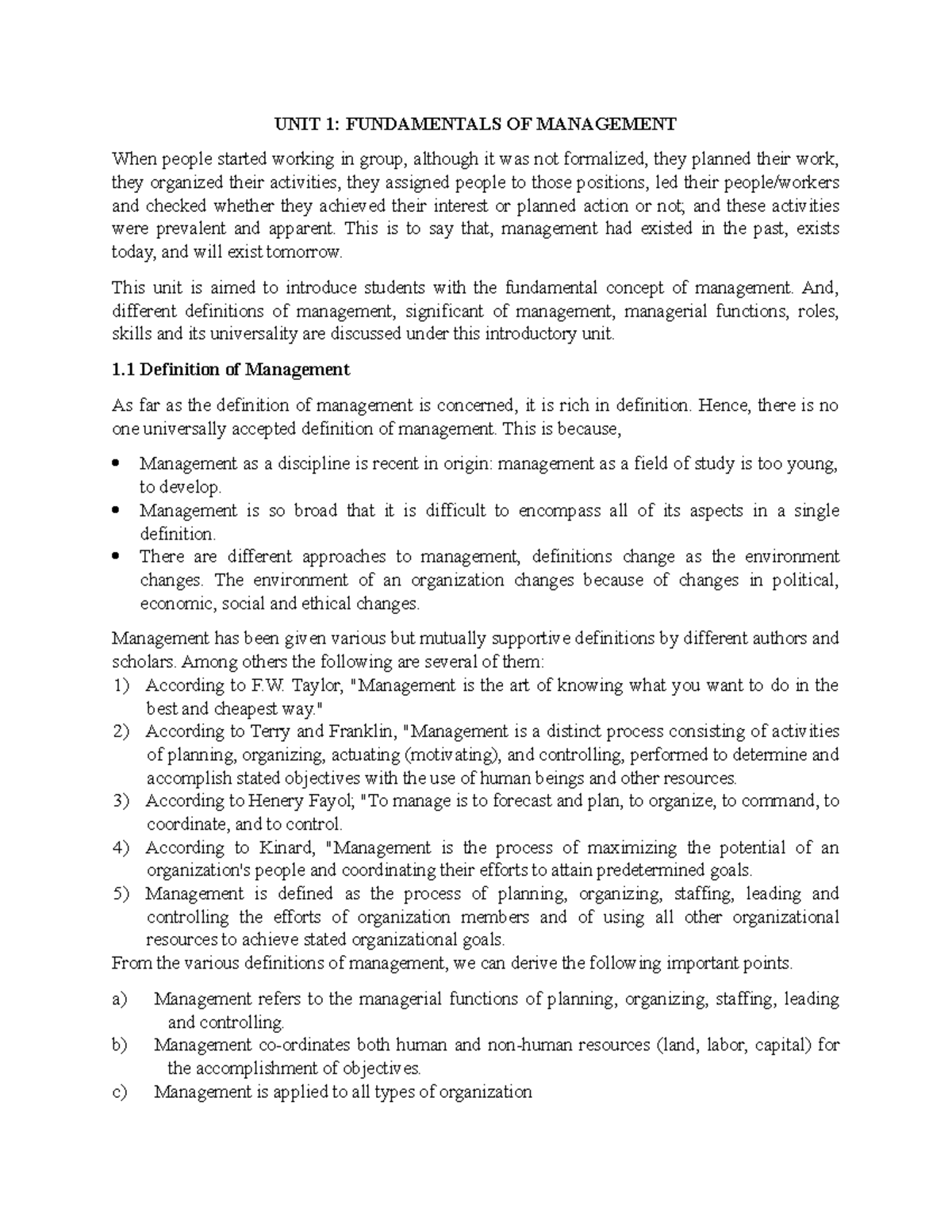 UNIT 1 - Lecture notes 1 - UNIT 1: FUNDAMENTALS OF MANAGEMENT When ...