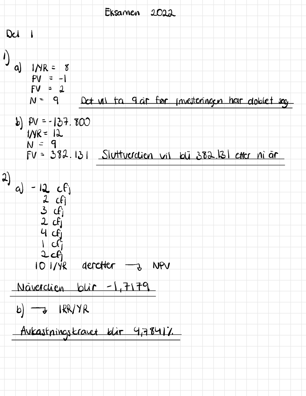 Eksamen Bedøk 2022 - Eksamen 2022 Del L 'I A) IHR= 8 PV = -I FV = 2 N ...