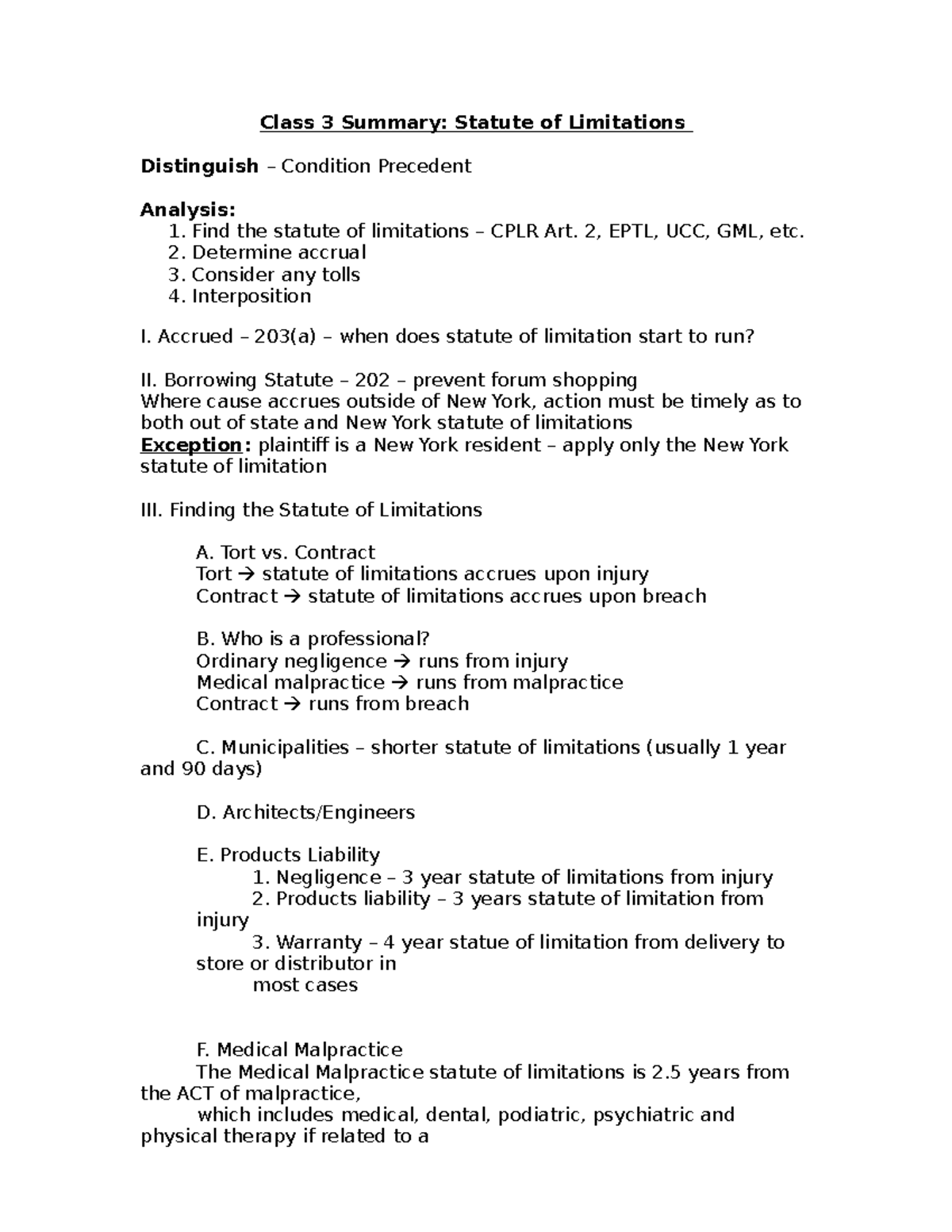 Class 3 Summary Statute OF Limitations Class 3 Summary Statute of