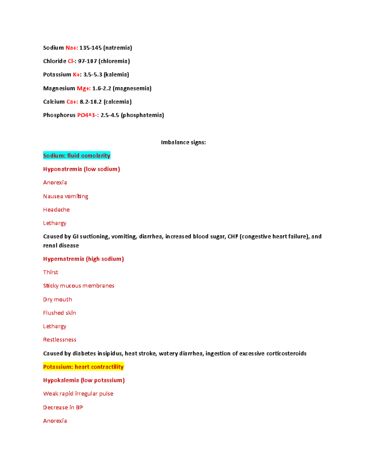 Electrolytes notes - electrolyte imbalances - Sodium Na+: 135-145 ...