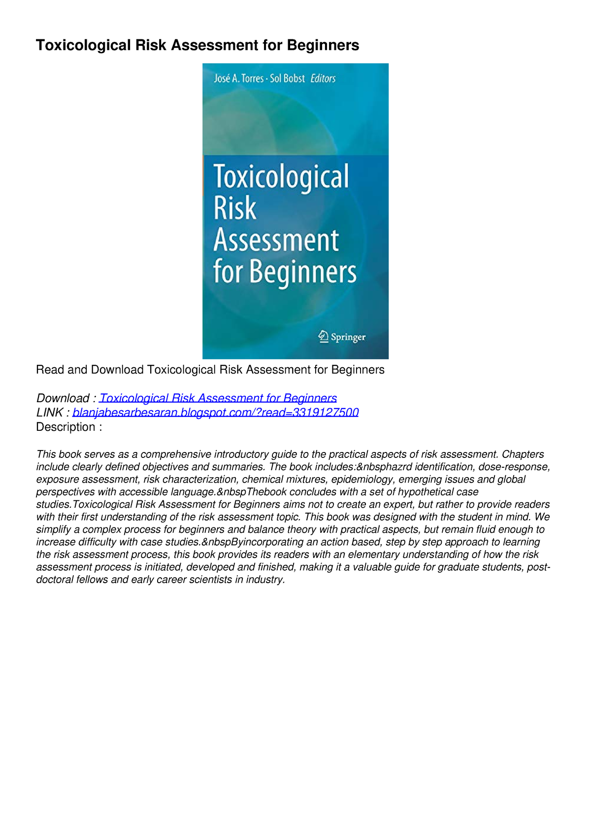 [PDF] READ] Free Toxicological Risk Assessment For Beginners Full ...