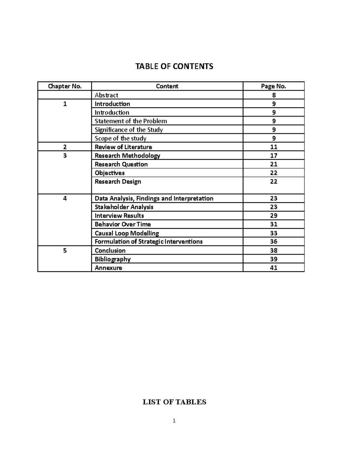 Stakeholder Research Methodology - Table Of Contents Abstract Chapter 