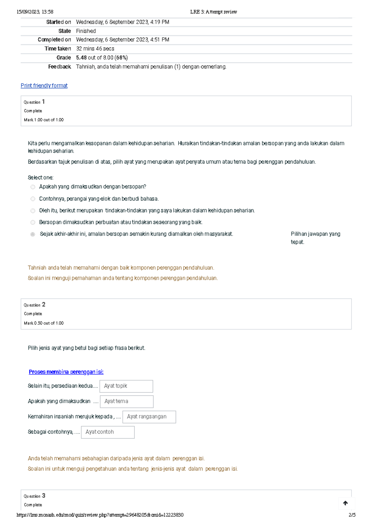 bahasa malaysia w3 quiz Started on Wednesday, 6 September 2023, 419